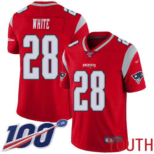 New England Patriots Football #28 100th Season Inverted Legend Limited Red Youth James White NFL Jersey